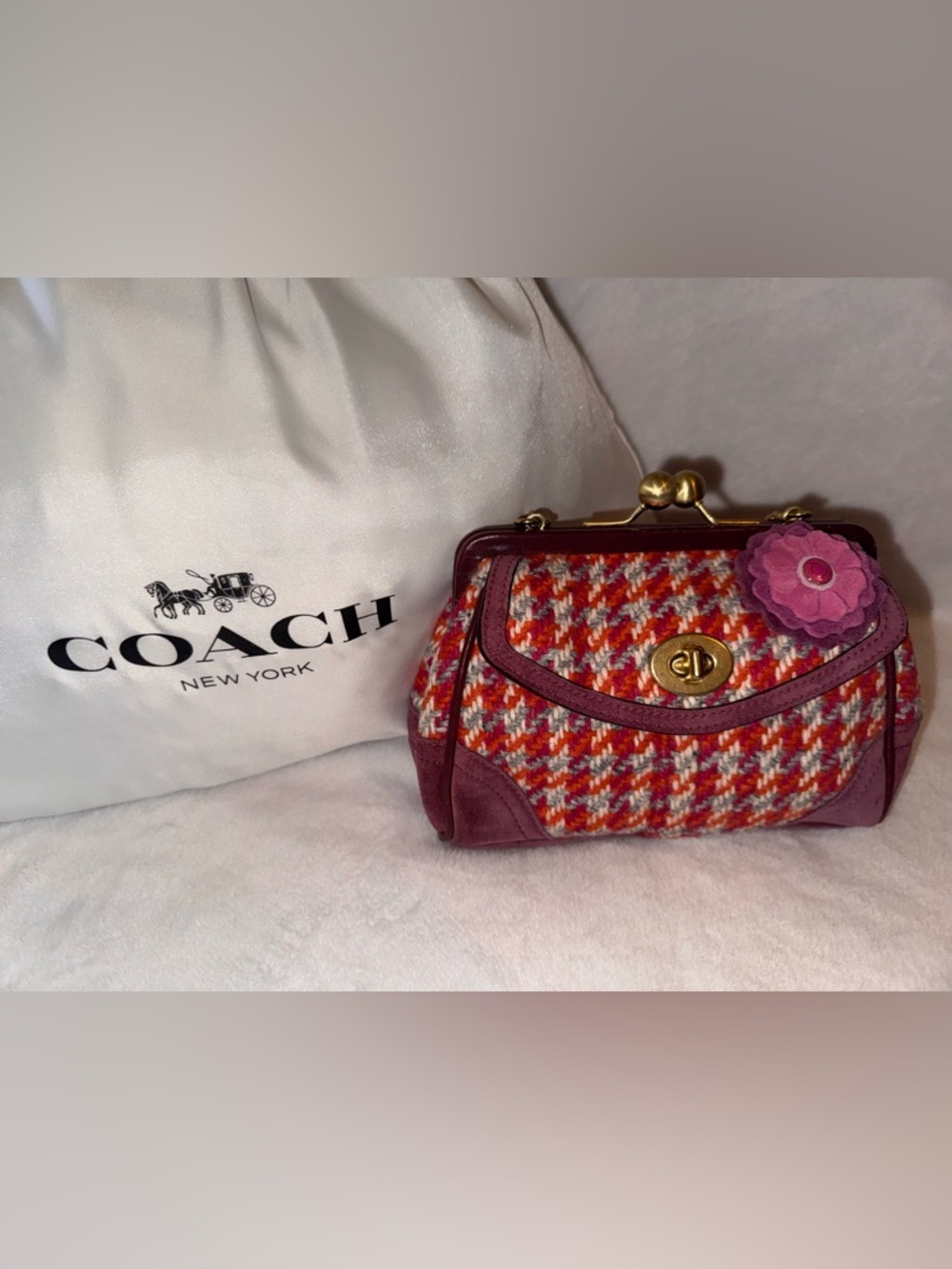 Coach Red & Pink Tweed Frame Mini Bag with Gold Turnlock